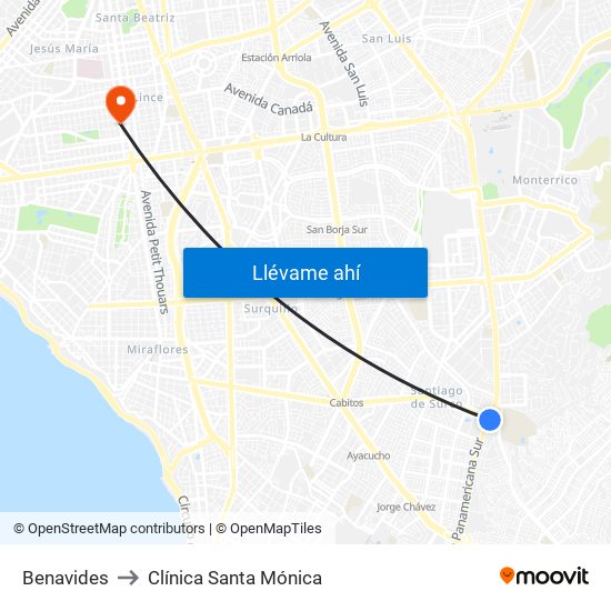 Benavides to Clínica Santa Mónica map