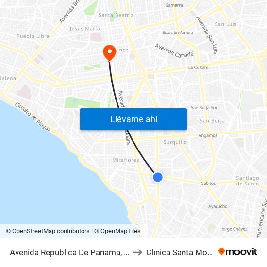 Avenida República De Panamá, 6239 to Clínica Santa Mónica map