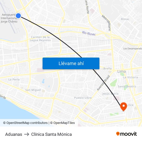 Aduanas to Clínica Santa Mónica map