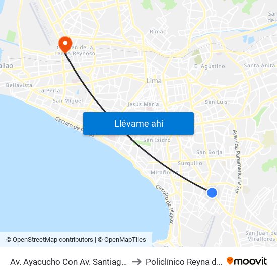 Av. Ayacucho Con Av. Santiago De Surco to Policlínico Reyna de la Paz map