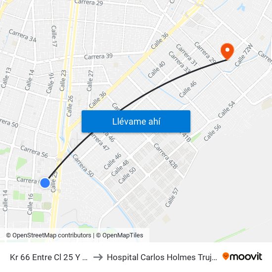 Kr 66 Entre Cl 25 Y 18 to Hospital Carlos Holmes Trujillo map
