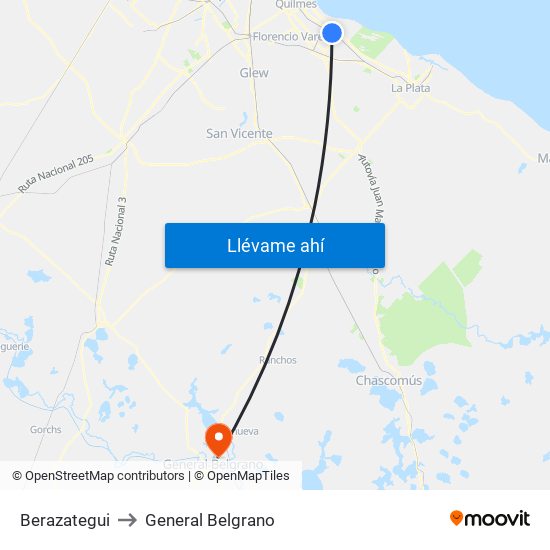 Berazategui to General Belgrano map