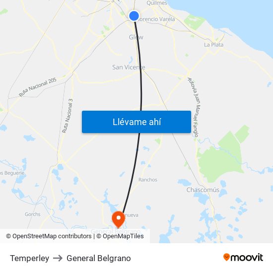 Temperley to General Belgrano map