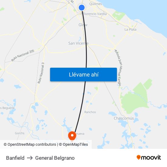 Banfield to General Belgrano map