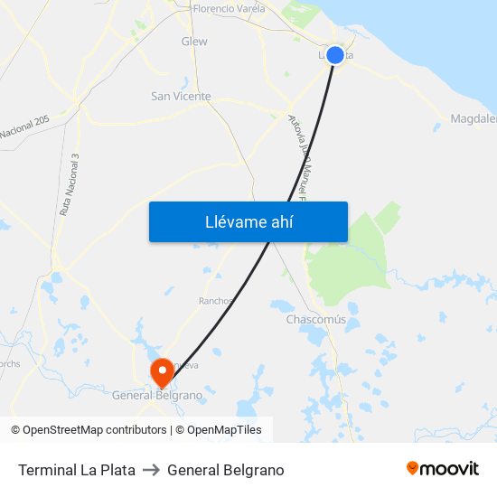 Terminal La Plata to General Belgrano map