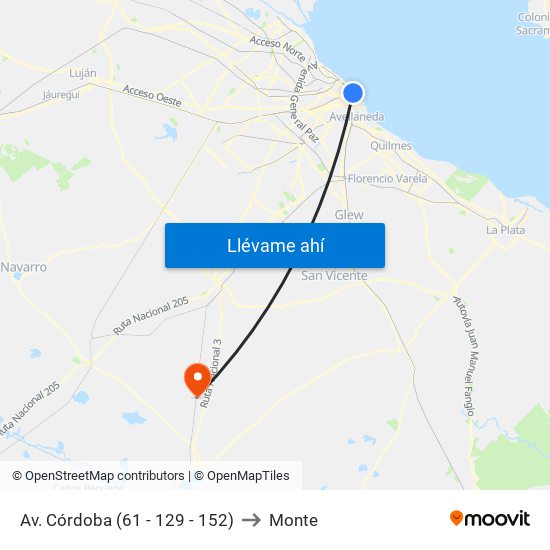 Av. Córdoba (61 - 129 - 152) to Monte map