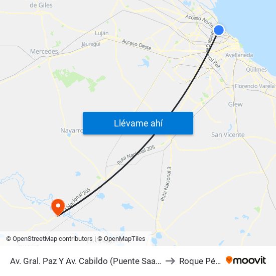 Av. Gral. Paz Y Av. Cabildo (Puente Saavedra) to Roque Pérez map