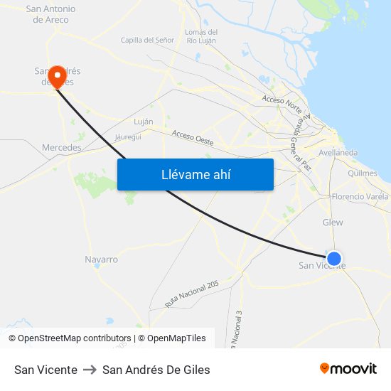 San Vicente to San Andrés De Giles map