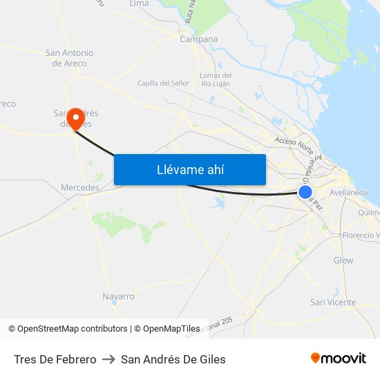 Tres De Febrero to San Andrés De Giles map