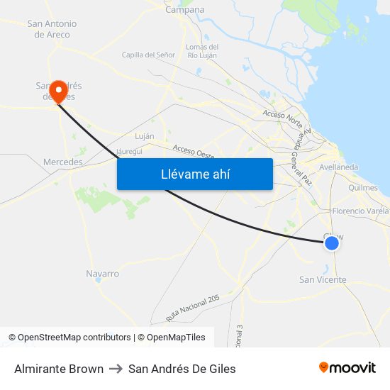 Almirante Brown to San Andrés De Giles map