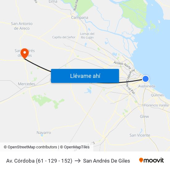 Av. Córdoba (61 - 129 - 152) to San Andrés De Giles map