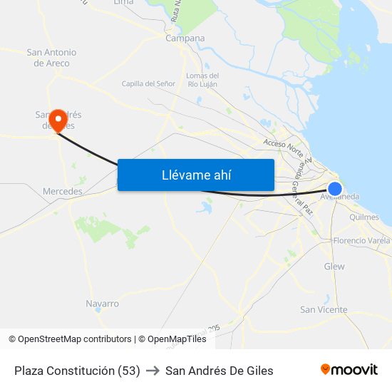 Plaza Constitución (53) to San Andrés De Giles map