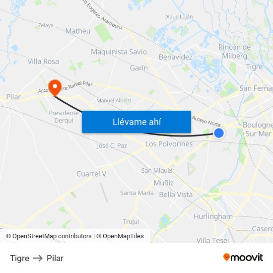 Tigre to Pilar map