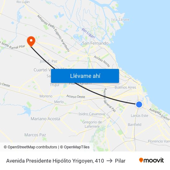 Avenida Presidente Hipólito Yrigoyen, 410 to Pilar map