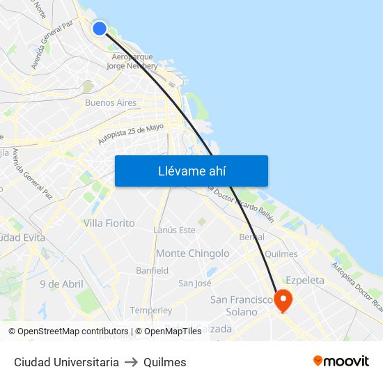 Ciudad Universitaria to Quilmes map