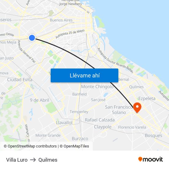 Villa Luro to Quilmes map