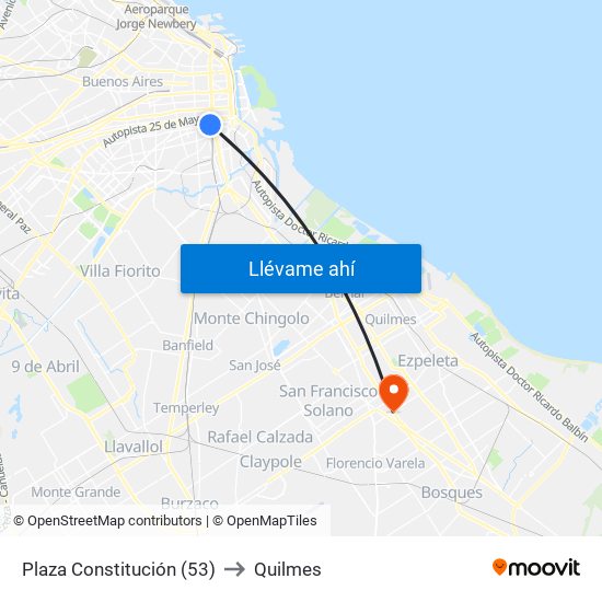Plaza Constitución (53) to Quilmes map