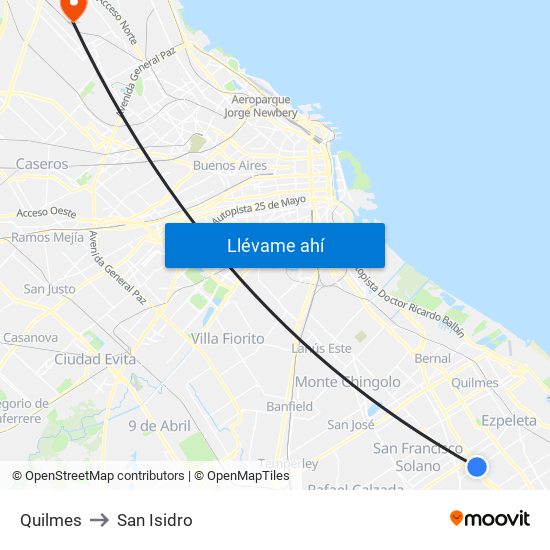 Quilmes to San Isidro map