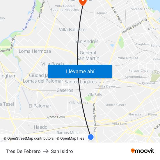 Tres De Febrero to San Isidro map