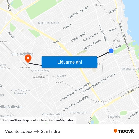 Vicente López to San Isidro map