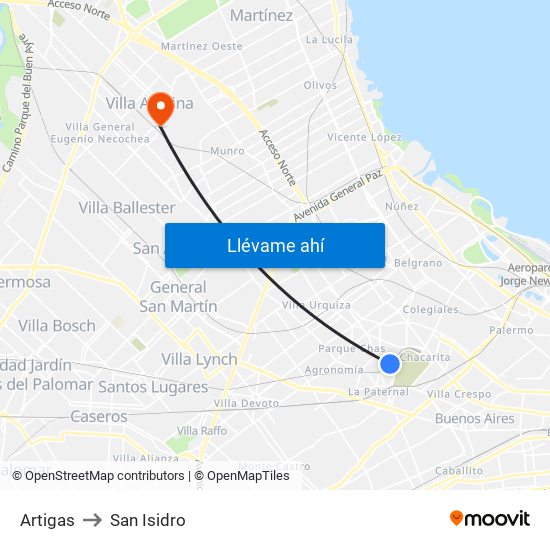 Artigas to San Isidro map