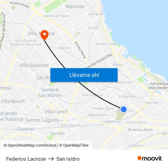 Federico Lacroze to San Isidro map