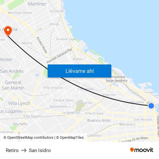 Retiro to San Isidro map