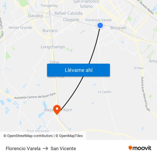 Florencio Varela to San Vicente map