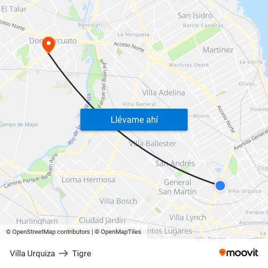 Villa Urquiza to Tigre map