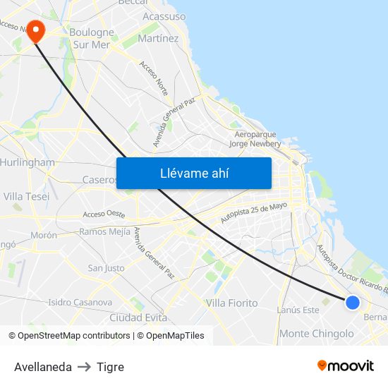 Avellaneda to Tigre map
