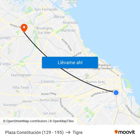 Plaza Constitución (129 - 195) to Tigre map