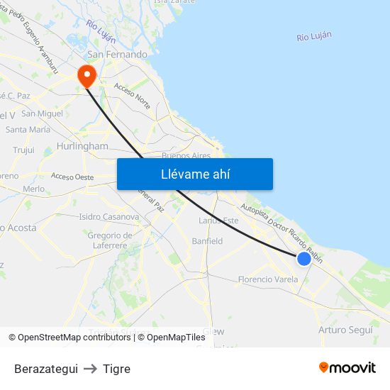 Berazategui to Tigre map