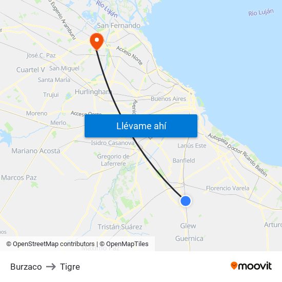 Burzaco to Tigre map