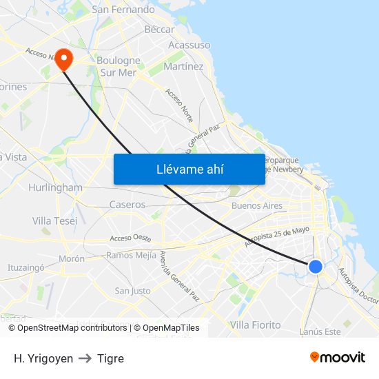 H. Yrigoyen to Tigre map