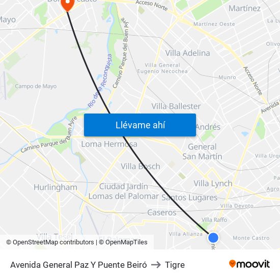 Avenida General Paz Y Puente Beiró to Tigre map