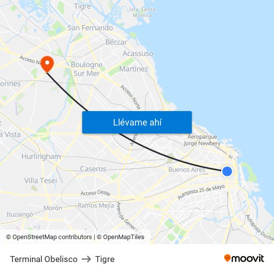 Terminal Obelisco to Tigre map