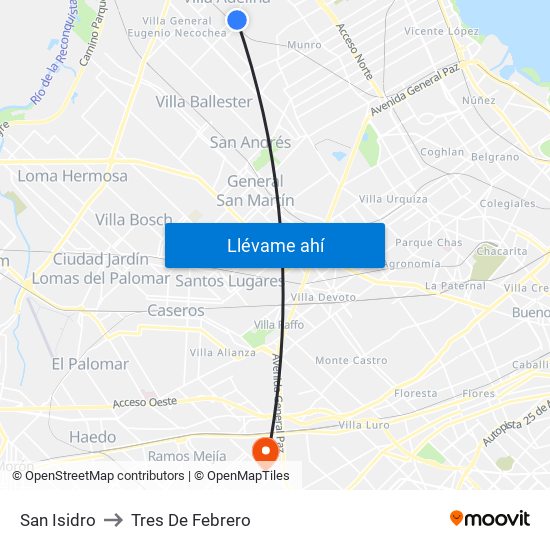 San Isidro to Tres De Febrero map