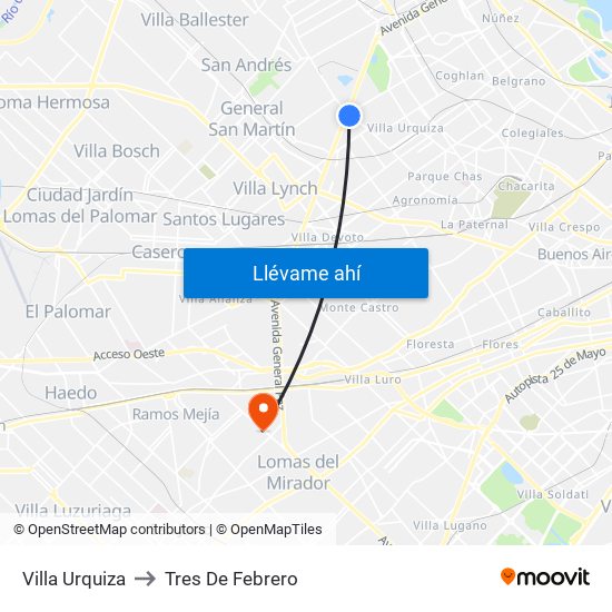 Villa Urquiza to Tres De Febrero map