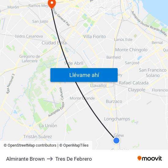 Almirante Brown to Tres De Febrero map