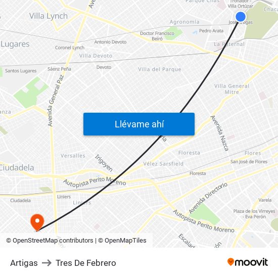 Artigas to Tres De Febrero map