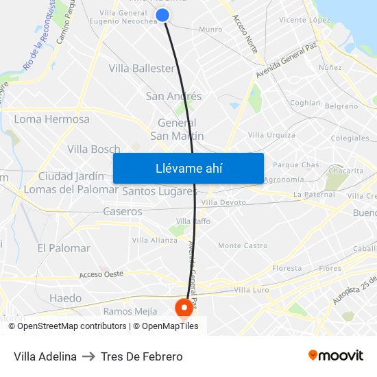 Villa Adelina to Tres De Febrero map