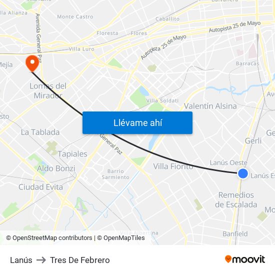 Lanús to Tres De Febrero map