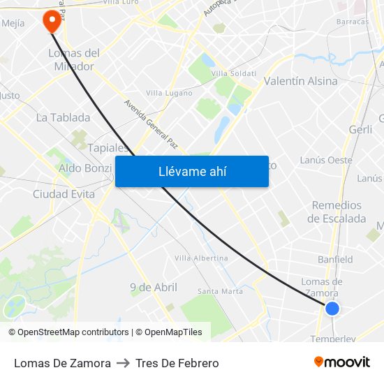 Lomas De Zamora to Tres De Febrero map
