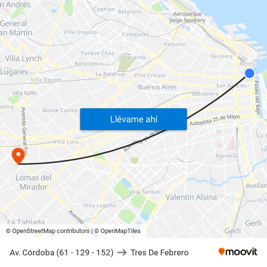 Av. Córdoba (61 - 129 - 152) to Tres De Febrero map