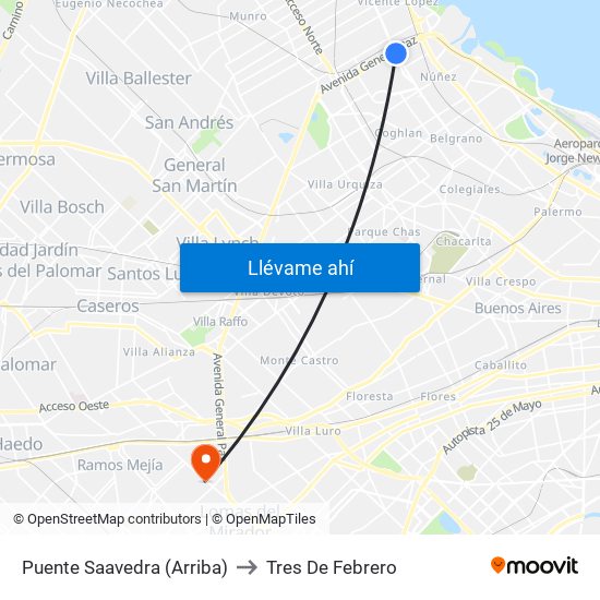 Puente Saavedra (Arriba) to Tres De Febrero map