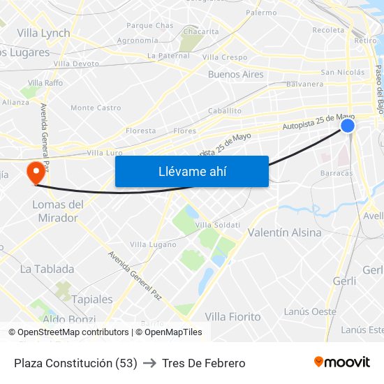Plaza Constitución (53) to Tres De Febrero map