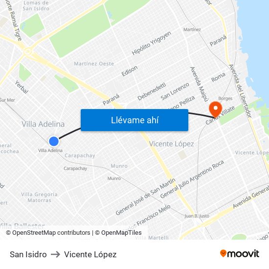 San Isidro to Vicente López map