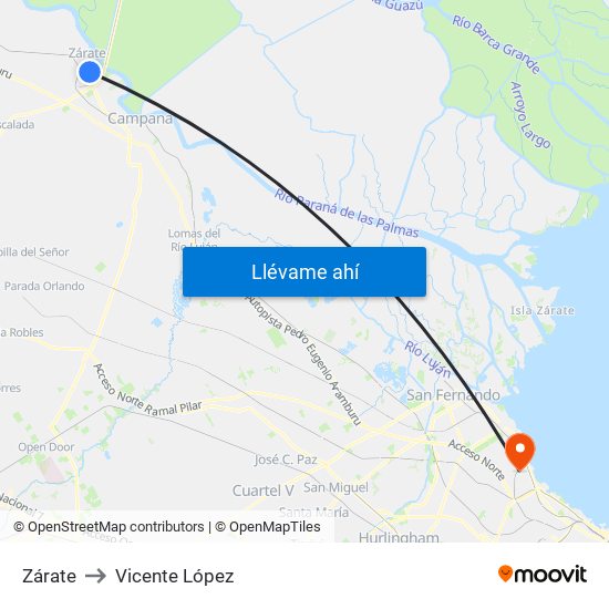 Zárate to Vicente López map