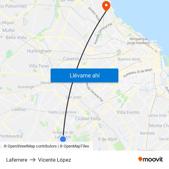 Laferrere to Vicente López map
