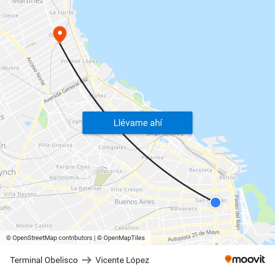 Terminal Obelisco to Vicente López map